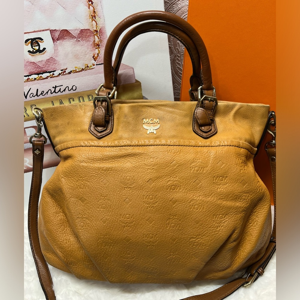 MCM Cognac Brown Leather Tote with Top Handles